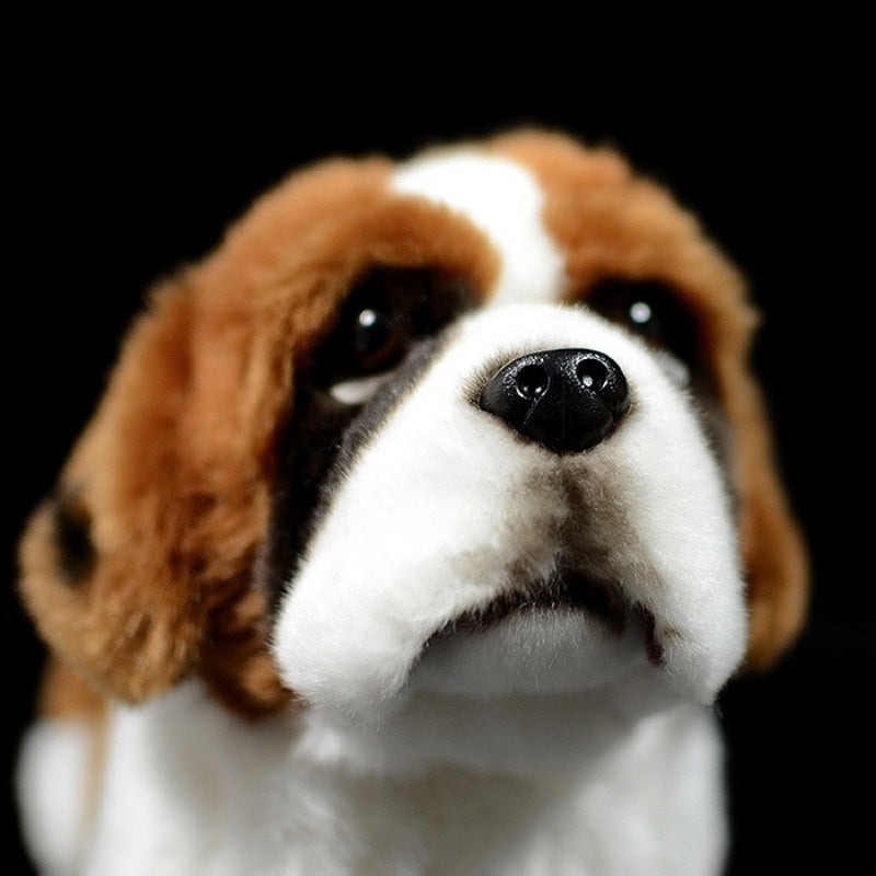 Close-up of a Saint Bernard plush toy’s face, highlighting its lifelike eyes and nose by SoftDaysLab