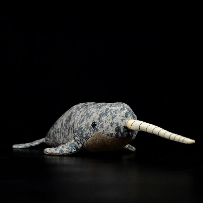 Lifelike narwhal plush toy with realistic tusk and patterned skin by SoftDaysLab