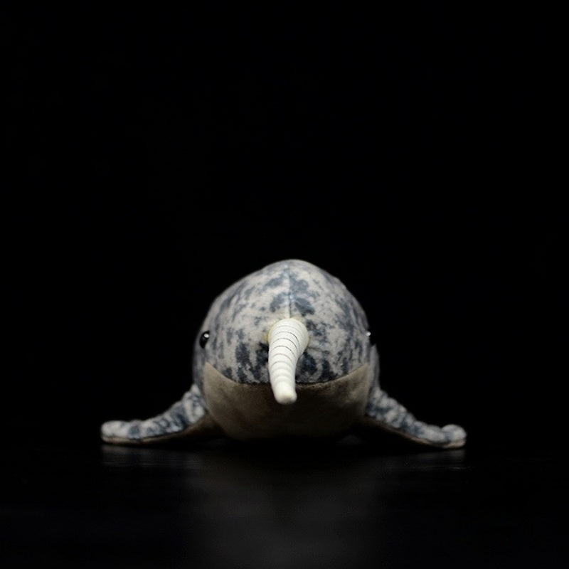 Front view of a narwhal stuffed animal showcasing its tusk and adorable face by SoftDaysLab
