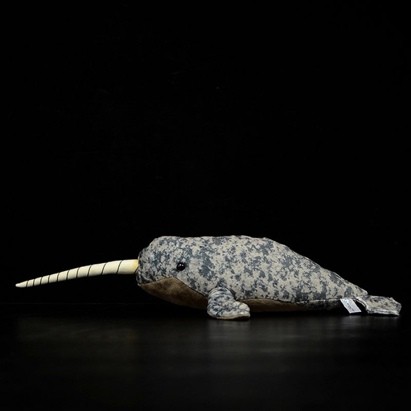 Side profile of a narwhal plush toy with detailed Arctic whale design by SoftDaysLab