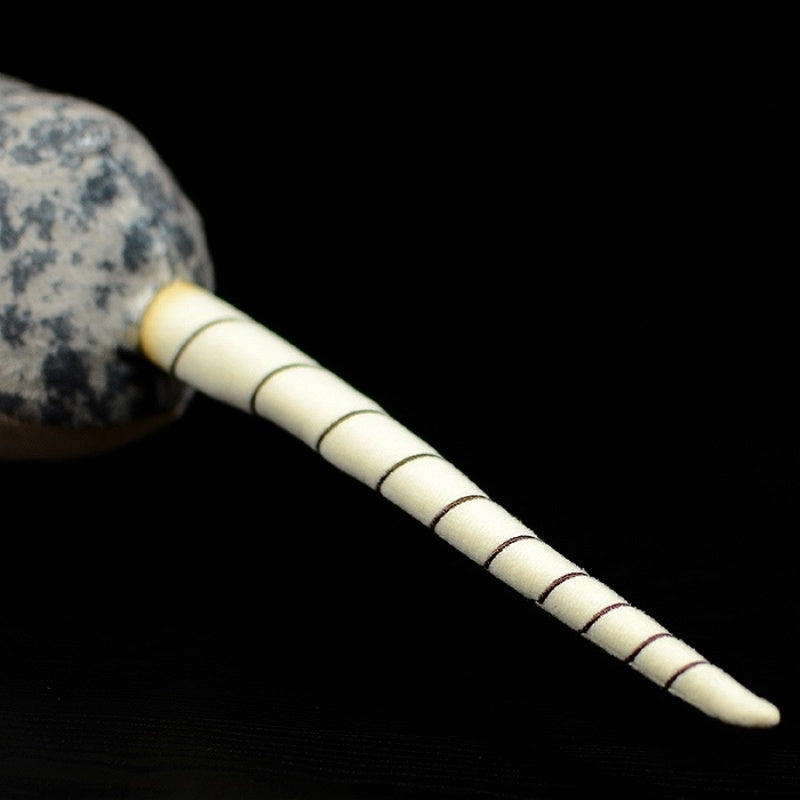 Close-up of narwhal plush toy’s spiral tusk for a magical and realistic look by SoftDaysLab