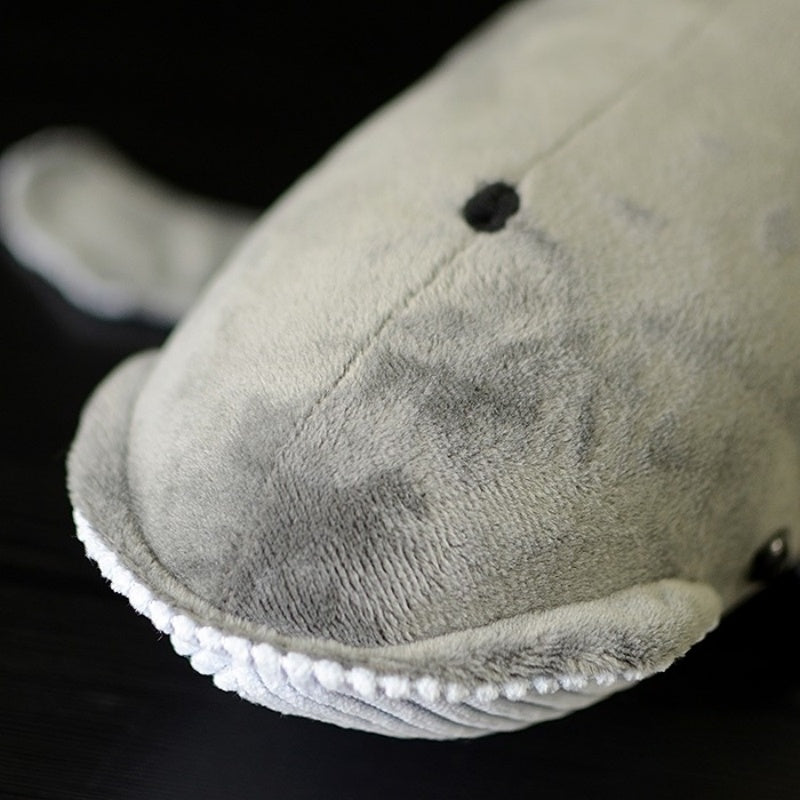 Close-up of baleen whale plush toy head with realistic blowhole and soft textured fabric by SoftDaysLab