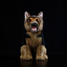 Sitting German Shepherd dog plush toy with realistic tan and black fur, open mouth, and friendly expression