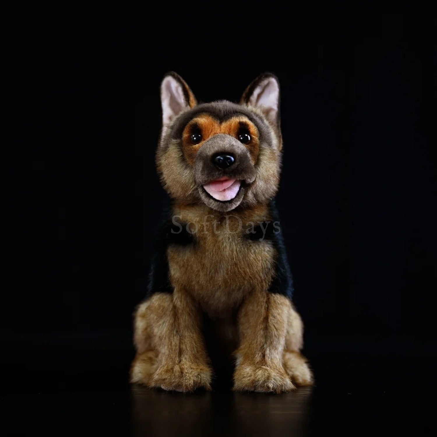 Sitting German Shepherd dog plush toy with realistic tan and black fur, open mouth, and friendly expression