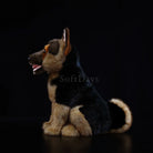Side view of a German Shepherd dog plush toy sitting, showing realistic fur texture and upright ears