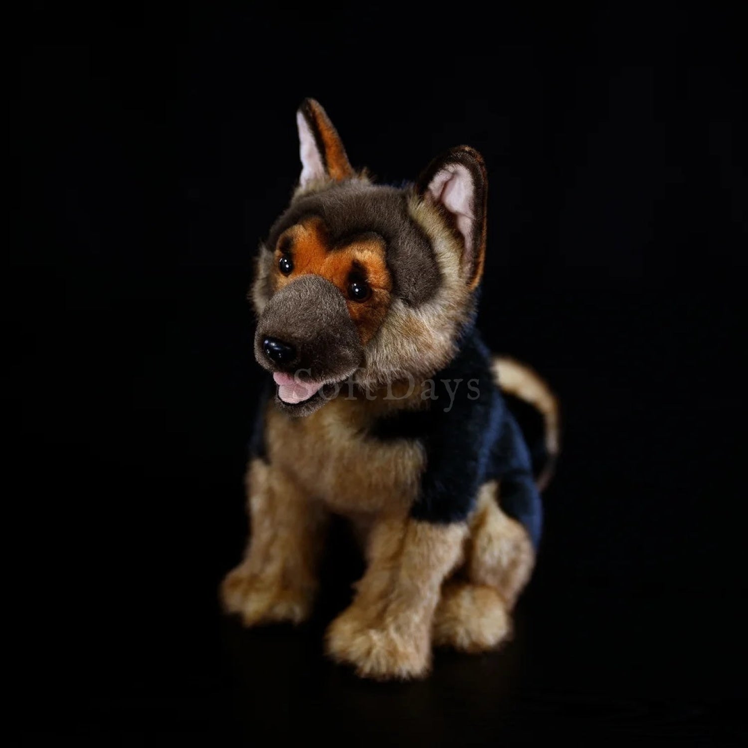 Sitting German Shepherd plush toy with realistic tan and black fur, open mouth, and friendly expression