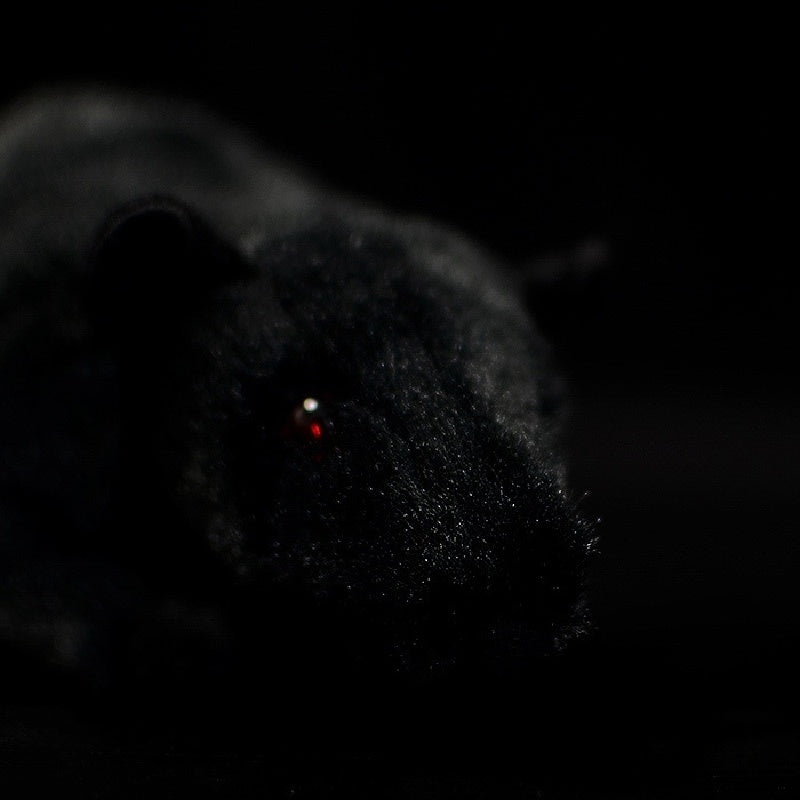Close-up of black rat plush head, showcasing intricate details like its soft ears and shiny eyes by SoftDaysLab