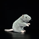 Side view of a standing grey mouse plush toy with soft fur and lifelike details, perfect for animal lovers
