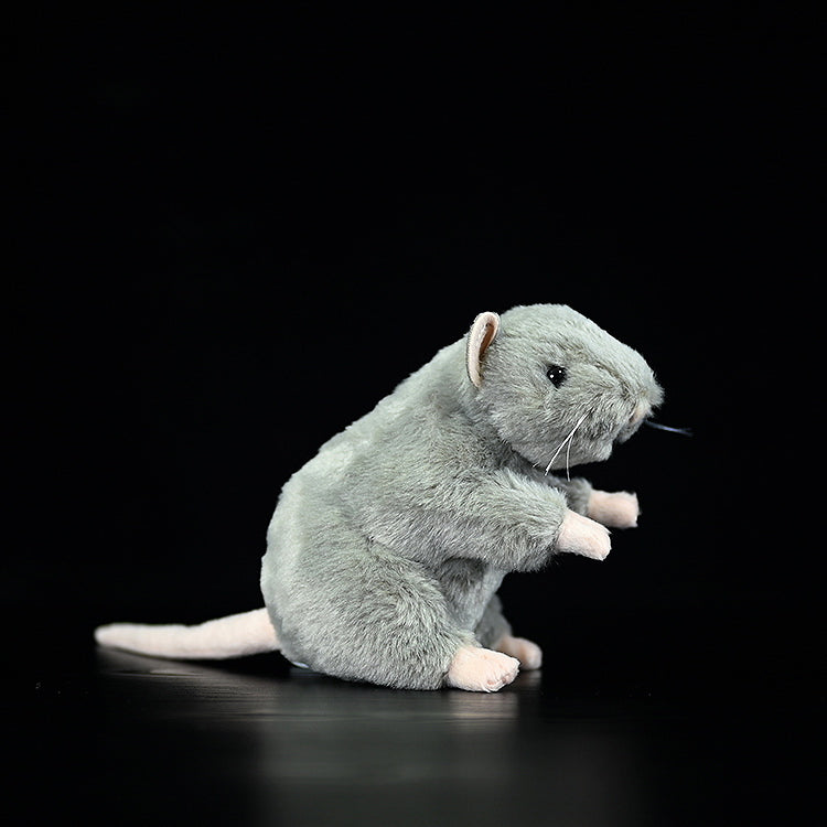 Side view of a standing grey mouse plush toy with soft fur and lifelike details, perfect for animal lovers