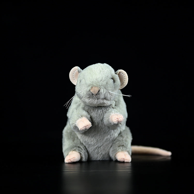 Front view of a standing grey mouse plush toy, highlighting its soft paws and long tail