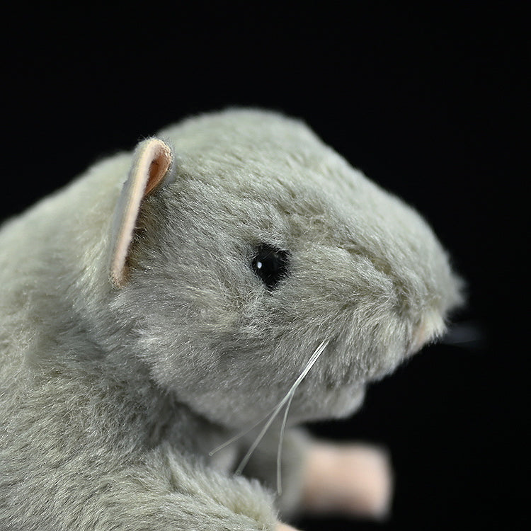 Close-up of the standing grey mouse plush toy’s face, showcasing its lifelike whiskers and cute nose
