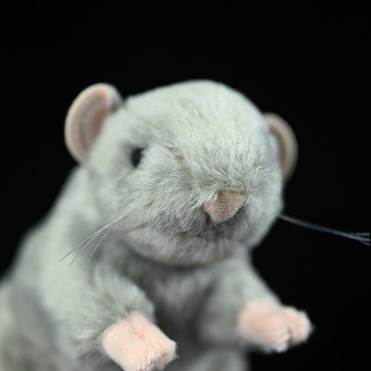 Close-up of the standing grey mouse plush toy’s nose and face details, emphasizing its realistic features