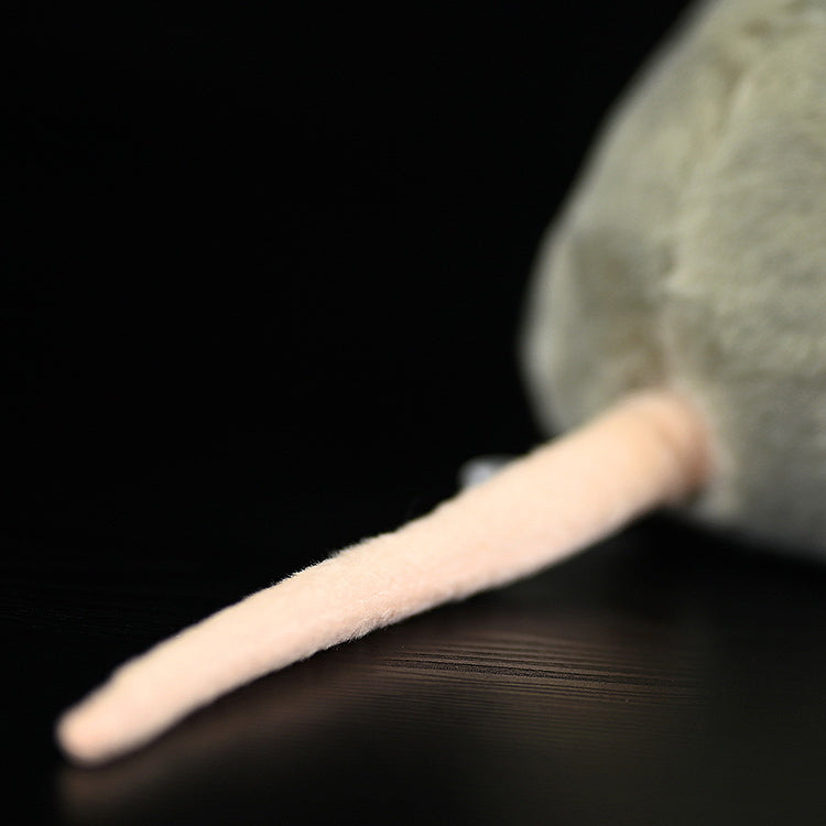 Close-up of the standing grey mouse plush toy’s tail, designed for realism and charm