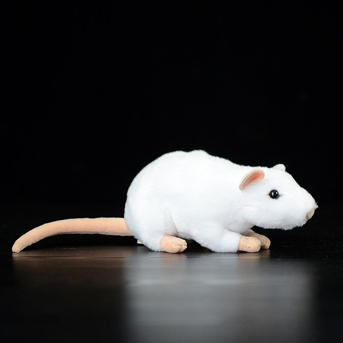 Side view of a white lab mouse plush toy showcasing its long tail and realistic design, perfect for gifting