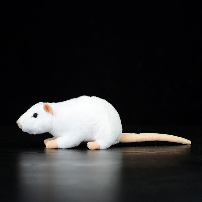 Profile of a white lab mouse plush toy with soft fur and lifelike features, ideal for collectors or kids
