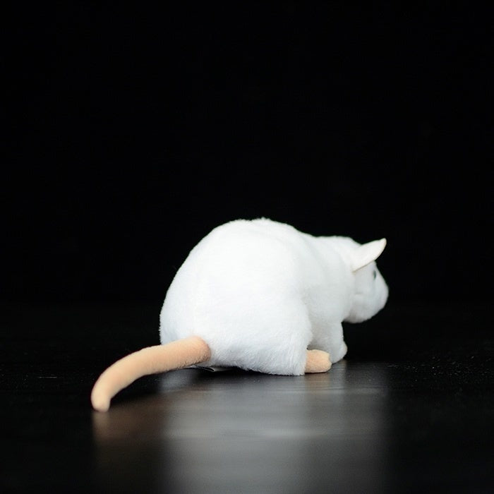 Rear view of a white mouse plush toy with a detailed tail, crafted for realism and charm