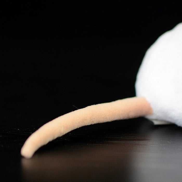Detailed view of the white lab mouse plush toy’s tail, adding realism to this adorable stuffed animal