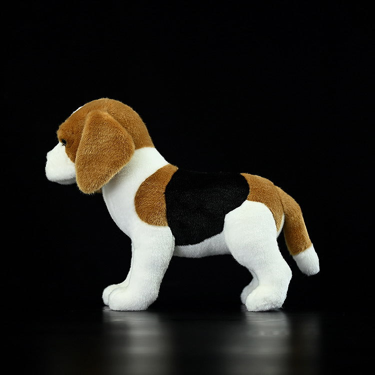 Side profile of a realistic Beagle stuffed animal with soft fur and accurate tricolor markings