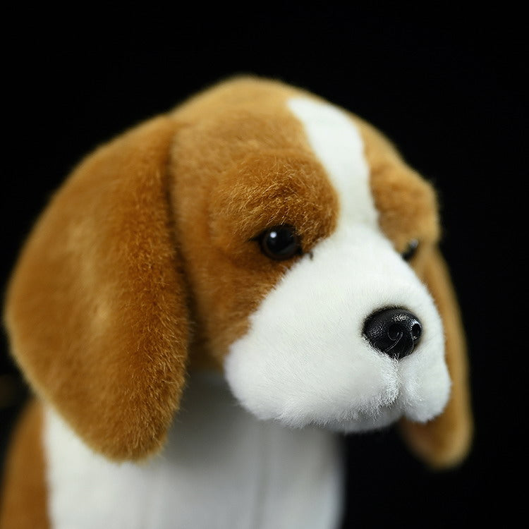 Detailed view of the Beagle plush toy's face, showcasing its adorable expression and realistic nose