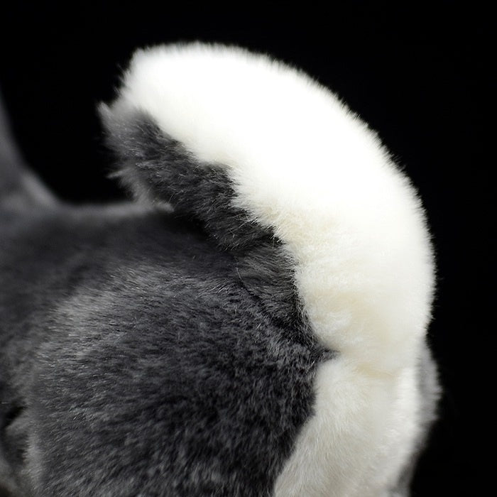 Zoomed-in view of the Alaskan Malamute plush toy’s curled white tail with soft, fluffy texture