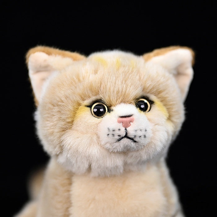 Close-up of sand cat plush toy’s adorable face, with lifelike eyes and soft, realistic fur by SoftDaysLab