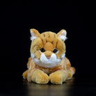 Front view of a cute orange tabby cat plush with lifelike stripes and a soft, cuddly design