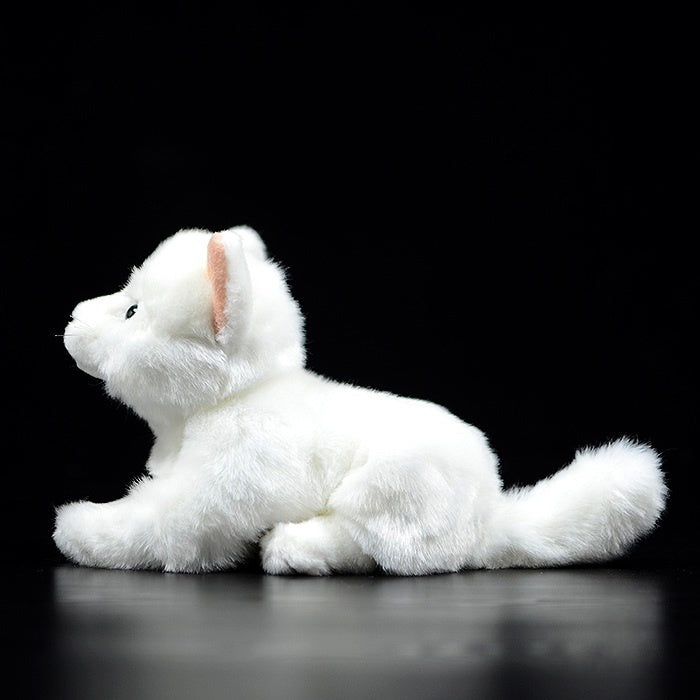 Side view of white cat plush toy showcasing its fluffy fur and lifelike details by SoftDaysLab
