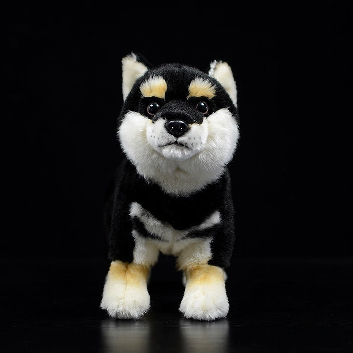 Front view of a Black & Tan Shiba Inu plush, showcasing its lifelike features and adorable face