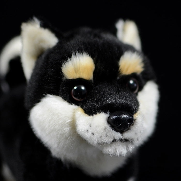 Close-up of the Black & Tan Shiba Inu plush’s lifelike face with realistic fur and bright eyes