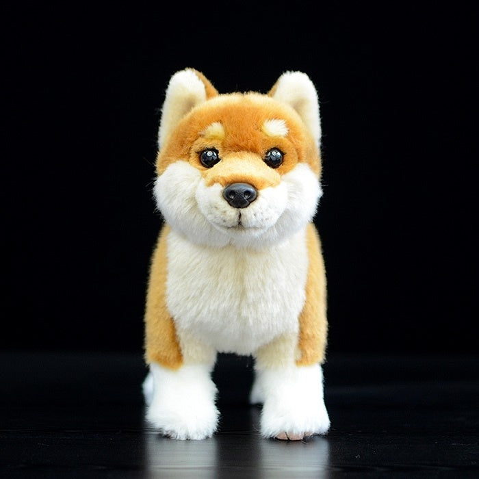 Front view of a Shiba Inu plush toy showcasing its adorable face and soft, realistic fur