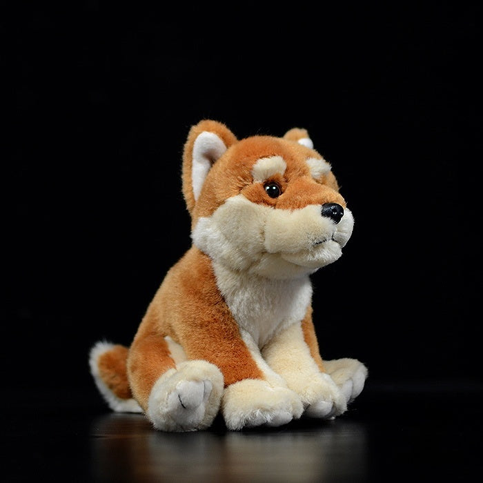 Realistic sitting Shiba Inu plush toy with soft fur, lifelike design, and adorable pose for dog lovers
