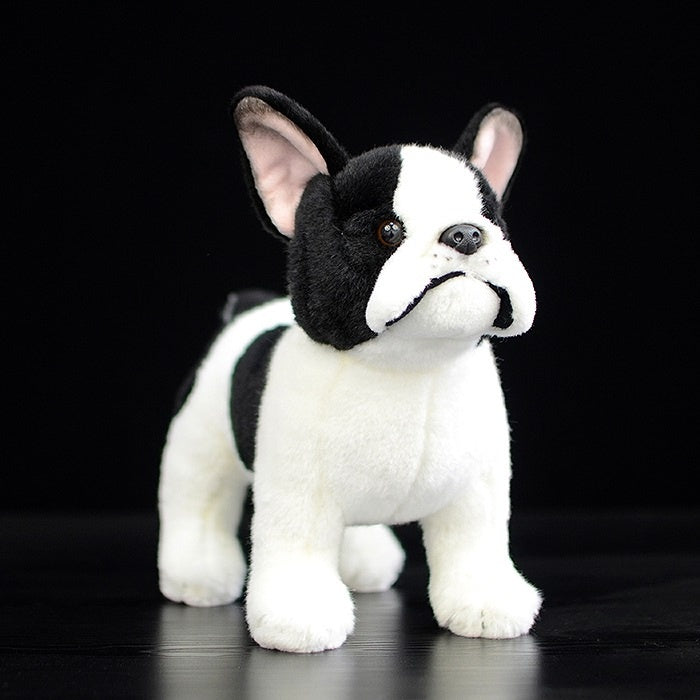Front view of a realistic Black Pied French Bulldog plush toy, featuring a cute and detailed expression