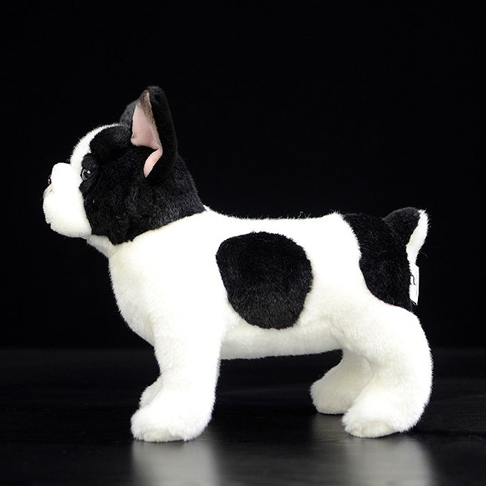 Side profile of a Black Pied French Bulldog plush toy with soft fur and authentic black-and-white markings