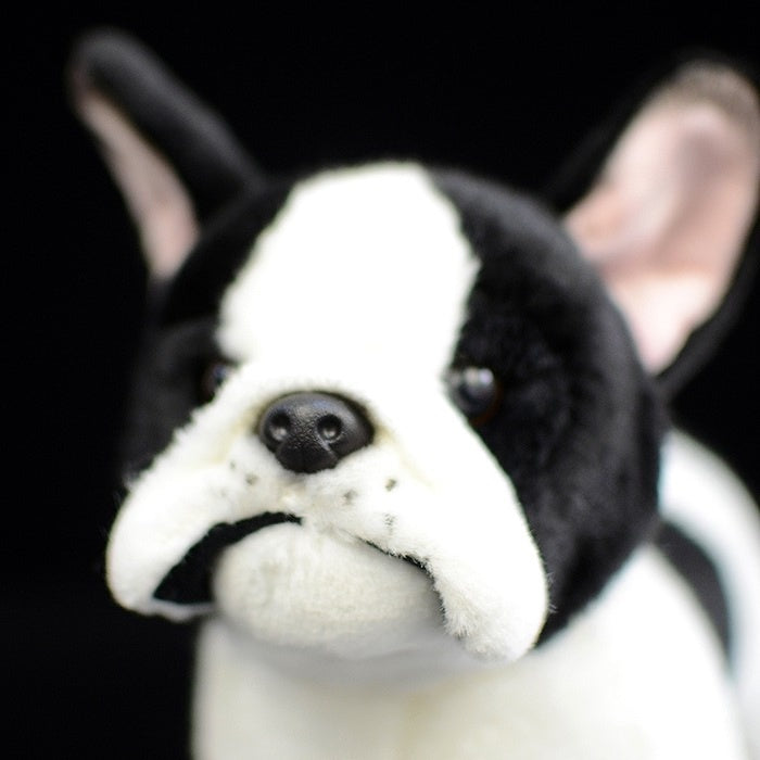 Close-up of the Black Pied French Bulldog plush toy's face, showcasing its detailed snout and lifelike features