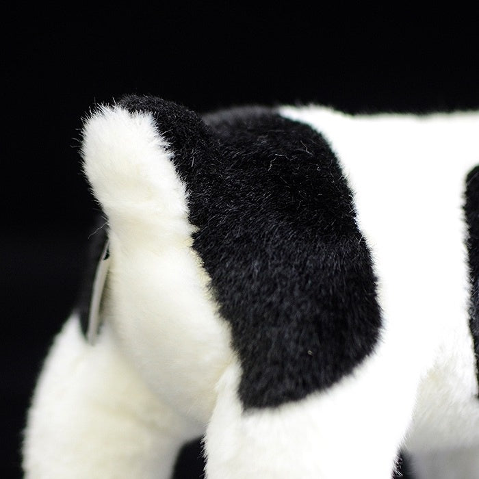 Back view of the Black Pied French Bulldog plush toy, featuring its tail and soft black-and-white fur