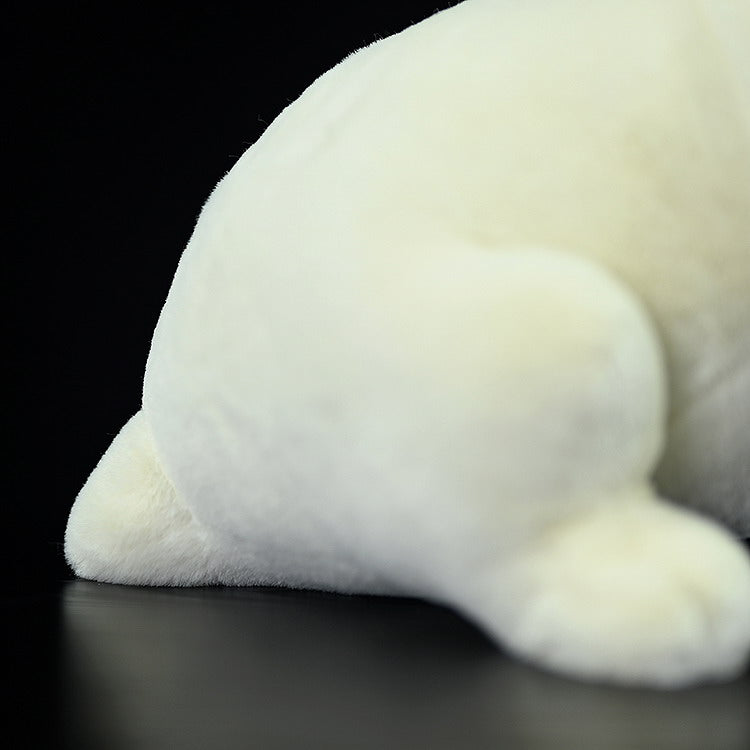 Detailed view of the cream French Bulldog plush toy's soft, fluffy tail, crafted for a lifelike touch