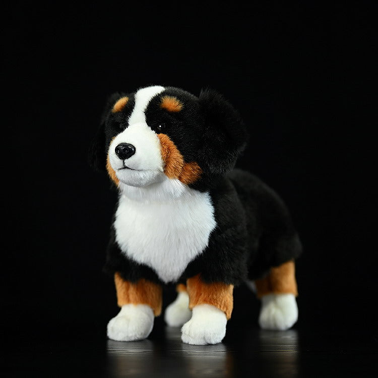 Lifelike Bernese Mountain Dog plush toy with realistic black, white, and rust details, perfect for dog lovers