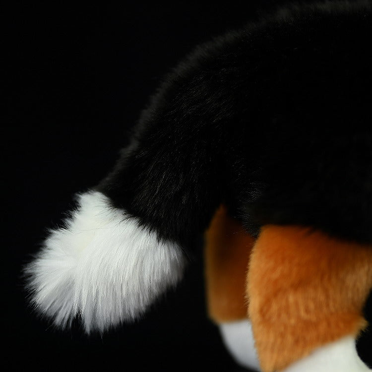Close-up of the Bernese Mountain Dog plush toy’s fluffy tail, crafted with realistic black and white fur