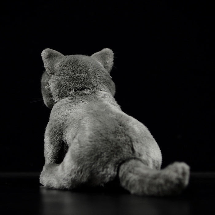 Back view of British Blue Shorthair plush, showing its fluffy tail and detailed craftsmanship
