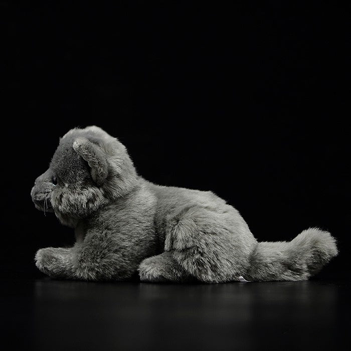 Side view of British Blue Shorthair Cat plush toy showcasing its fluffy fur and lifelike design by SoftDaysLab
