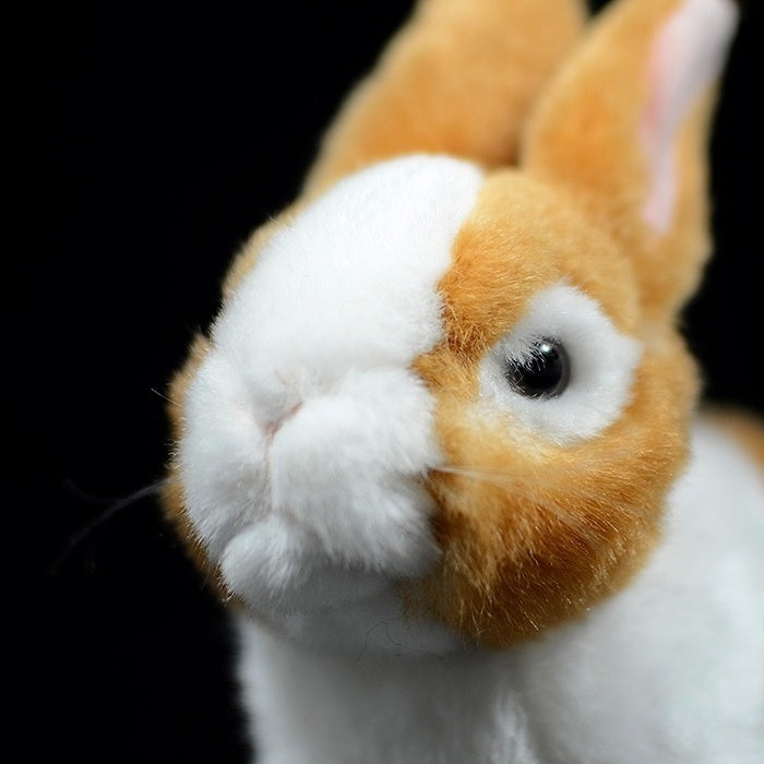 Close-up of Dutch rabbit plush’s face with detailed eyes and lifelike fur texture by SoftDaysLab