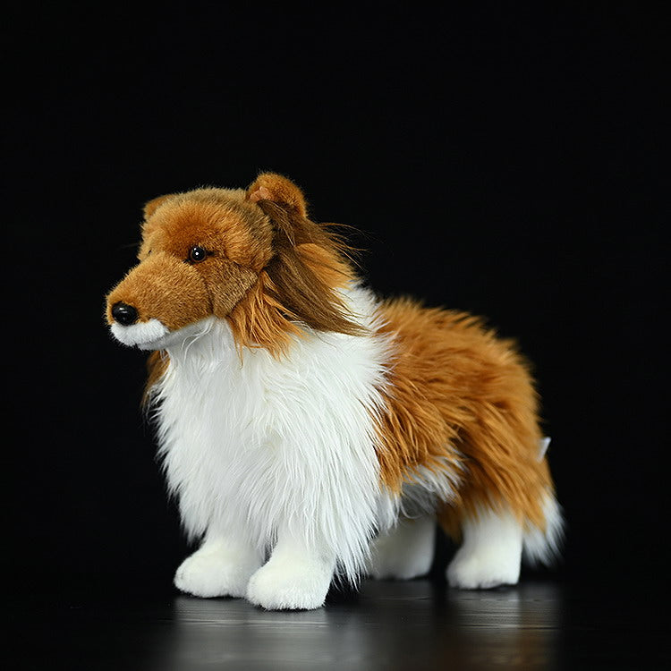 Realistic Shetland Sheepdog plush standing upright, showcasing soft texture and lifelike appearance for Sheltie fans