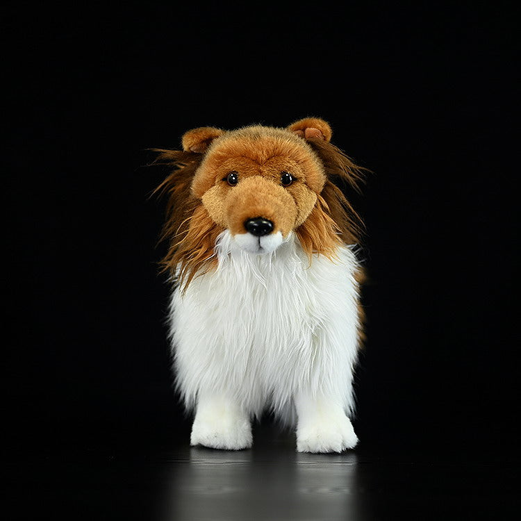 Front view of a Shetland Sheepdog plush toy, showcasing its detailed face and fluffy coat for Sheltie enthusiasts