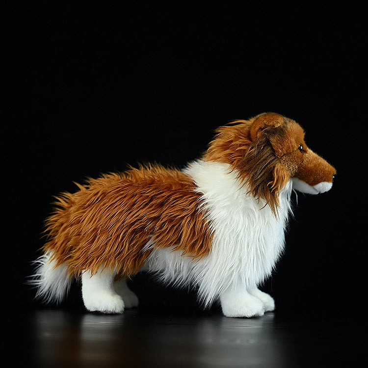 Side view of a lifelike Shetland Sheepdog plush toy with realistic fur and detailed design for Sheltie lovers