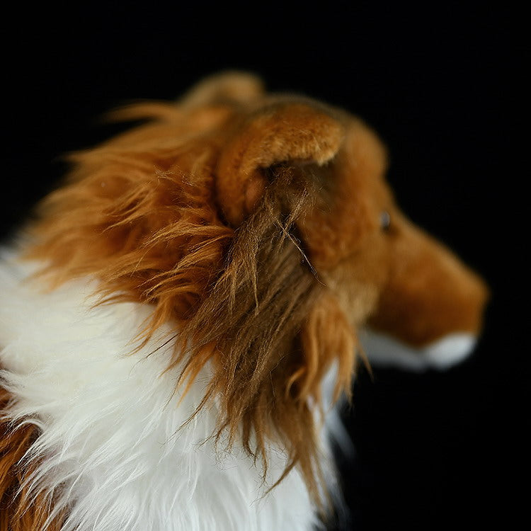 Side profile of the Sheltie plush toy’s head, emphasizing realistic fur and lifelike features