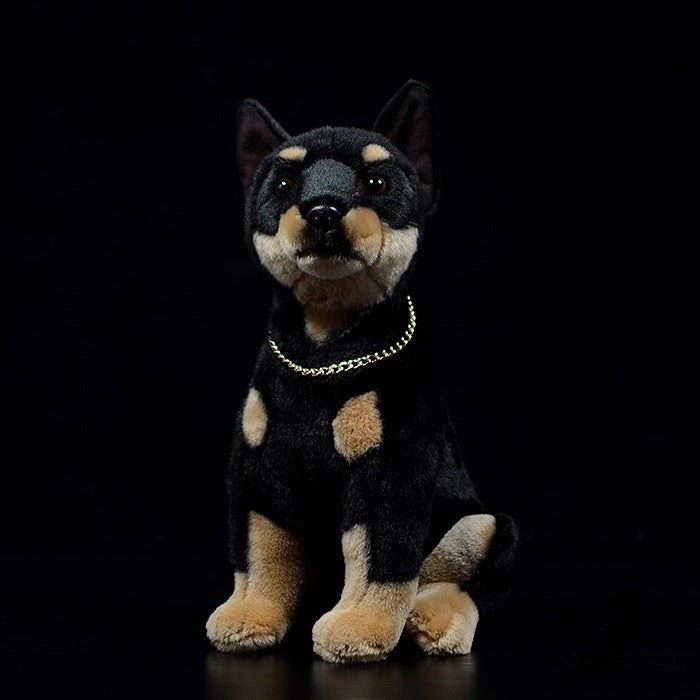 Realistic black and tan Doberman plush toy by SoftDaysLab, featuring lifelike design and charm