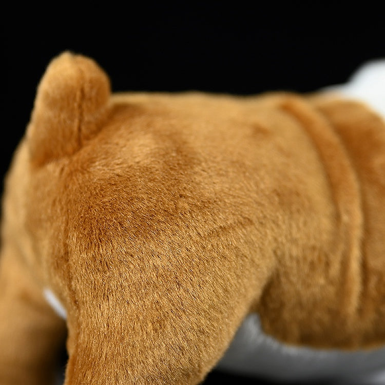 Rear close-up of a fluffy English Bulldog plush toy, emphasizing its detailed fur and playful stance