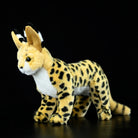 Standing serval cat plush toy with realistic spotted fur, soft texture, and lifelike details