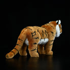 Rear side angle of a tiger plush toy, showing off its soft fur and authentic stripes