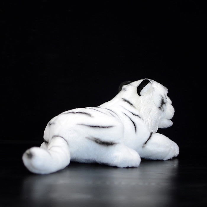Back view of a white tiger plush toy with lifelike stripes, ideal for wildlife fans and decor